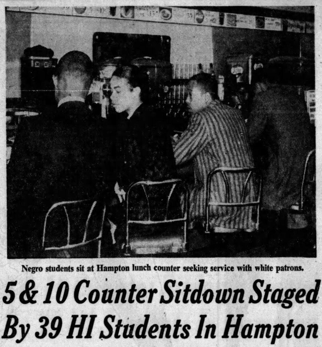 HamptonHistoryM's tweet photo. Today in 1960-3 Black Hampton Institute students stage Virginia's first civil rights sit-in, protesting racial segregation by sitting at Woolworth's lunch counter  for 1 hour. The next day, 39 Black students filled the counter’s seats over several hours but were denied service. https://t.co/Q2n88pJBiY