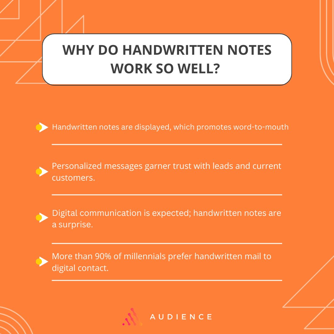 People like feeling special! Handwritten notes help build relationships and generate trust with your customers, not to mention the open rate of handwritten letters is substantially higher than any online platform. #Audienceco #Handwrittenletter #directmail #mailcampaign