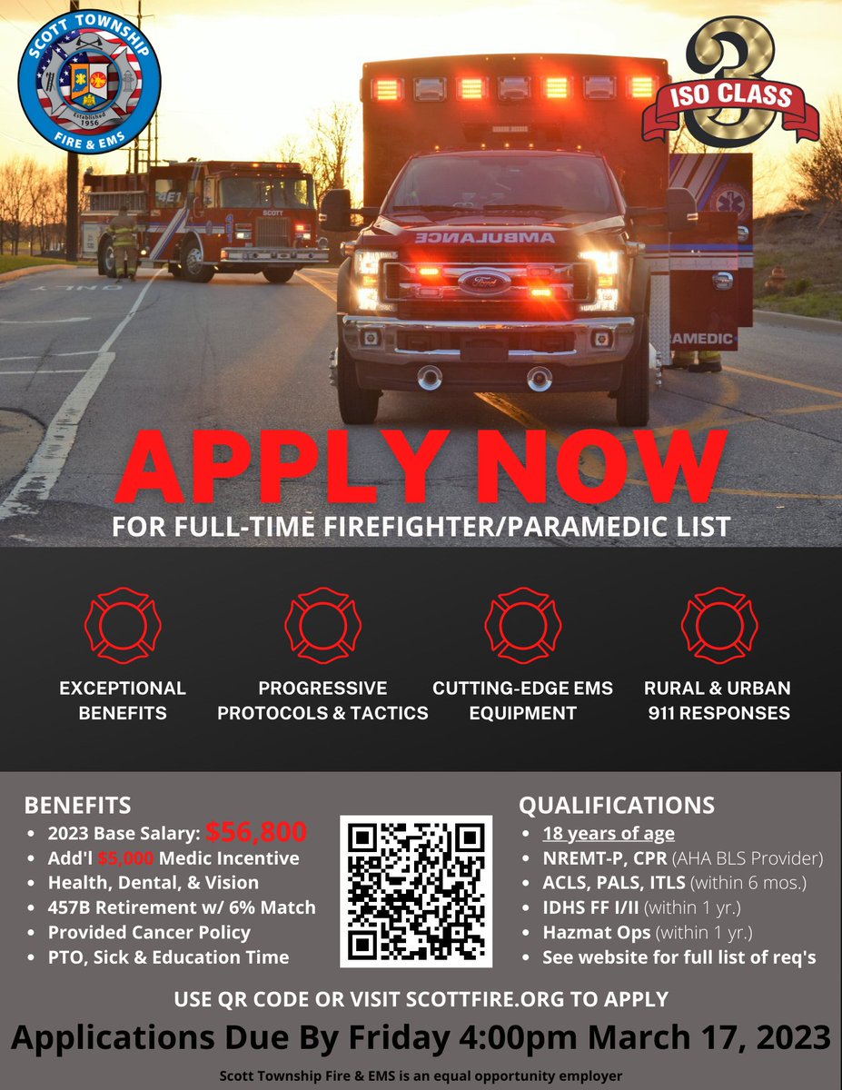 ScottFireRescue's tweet photo. Heard any good rumors lately? We might be able to help out with one of them... 
Our 2023-2025 FF/EMT &amp; FF/Paramedic hiring process is now open! Come join a rapidly growing department with great benefits!

Visit https://t.co/XOzk7K138X to apply. https://t.co/Qg1cmt6RtL