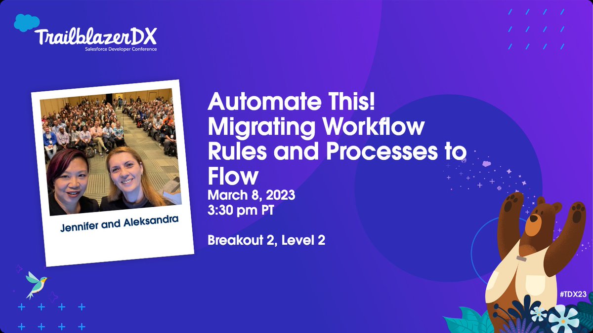 jenwlee's tweet photo. I’m speaking at #TDX23 with Salesforce MVP @_AleksM! We're taking Automate This! to you LIVE in person. 

#AwesomeAdmins, if you have workflow rules and processes in your org that you have to migrate, don't miss our session on Day 2 at 3:30pm PT. ⬇️ https://t.co/CdDiyEn0Ew