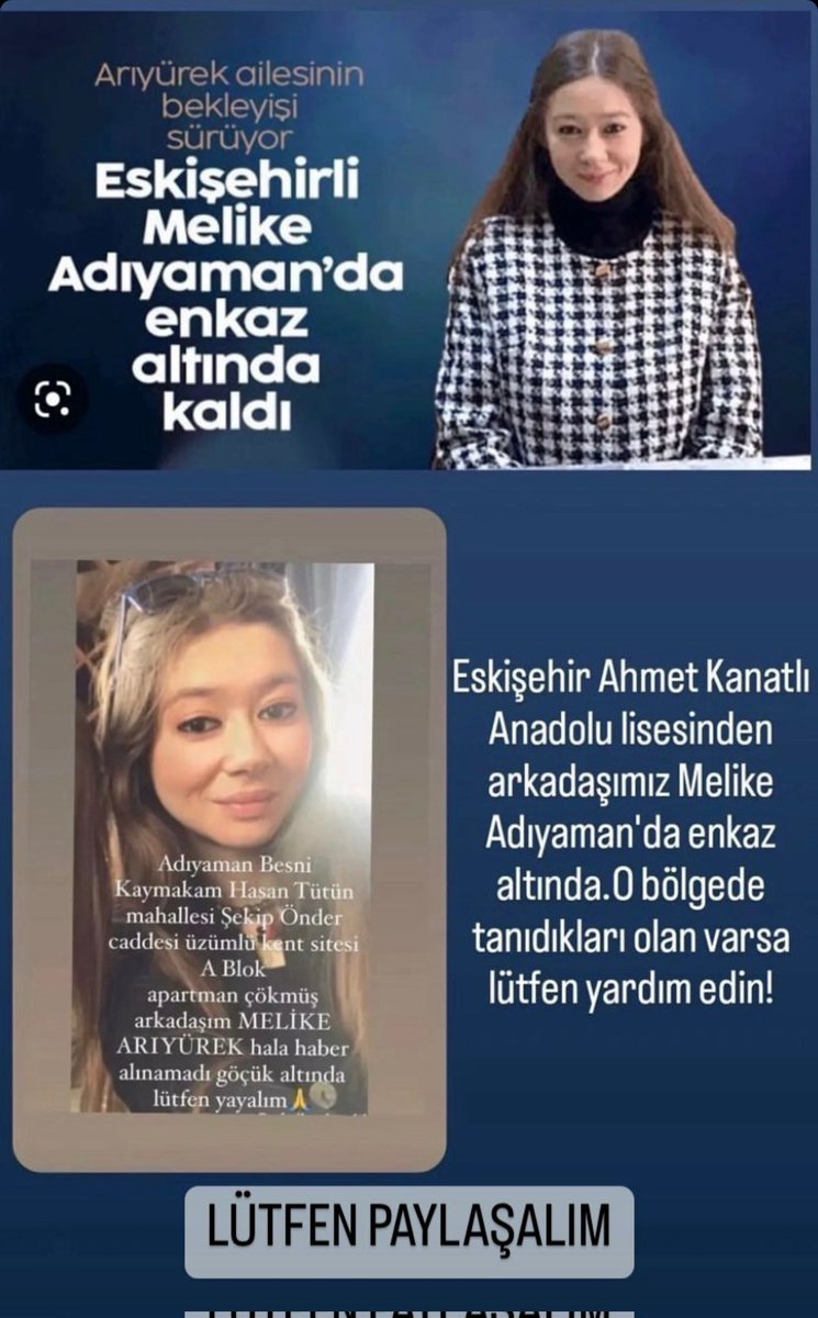 mertozdin's tweet photo. - Lütfen Acil Yardım !!! -
Adıyaman / Besni 
Kaymakam Hasan Tütün Mah.
Şekip Önder Cad. Üzümlü Kent Sitesi
Arkadaşımız "Melike Arıyürek" enkaz altında kendisine ulaşamıyoruz !!! Bölgede olanlardan haber ve yardım bekliyoruz !
@AFADBaskanlik @haluklevent @OguzhanUgur @hakki_alkan https://t.co/J3p4f7SW4Q