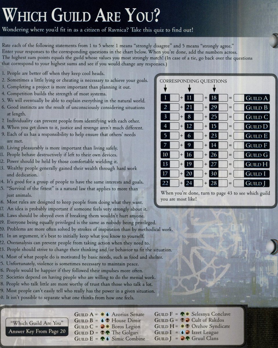 JasonVorthos's tweet photo. "Which #Ravnica Guild Are You" generator from the Dissension player guide. Came out in May 2006.
#mtgdis #mtgRAV #mtggpt #mtgRTR #mtggrn https://t.co/qzlqkPbbhd