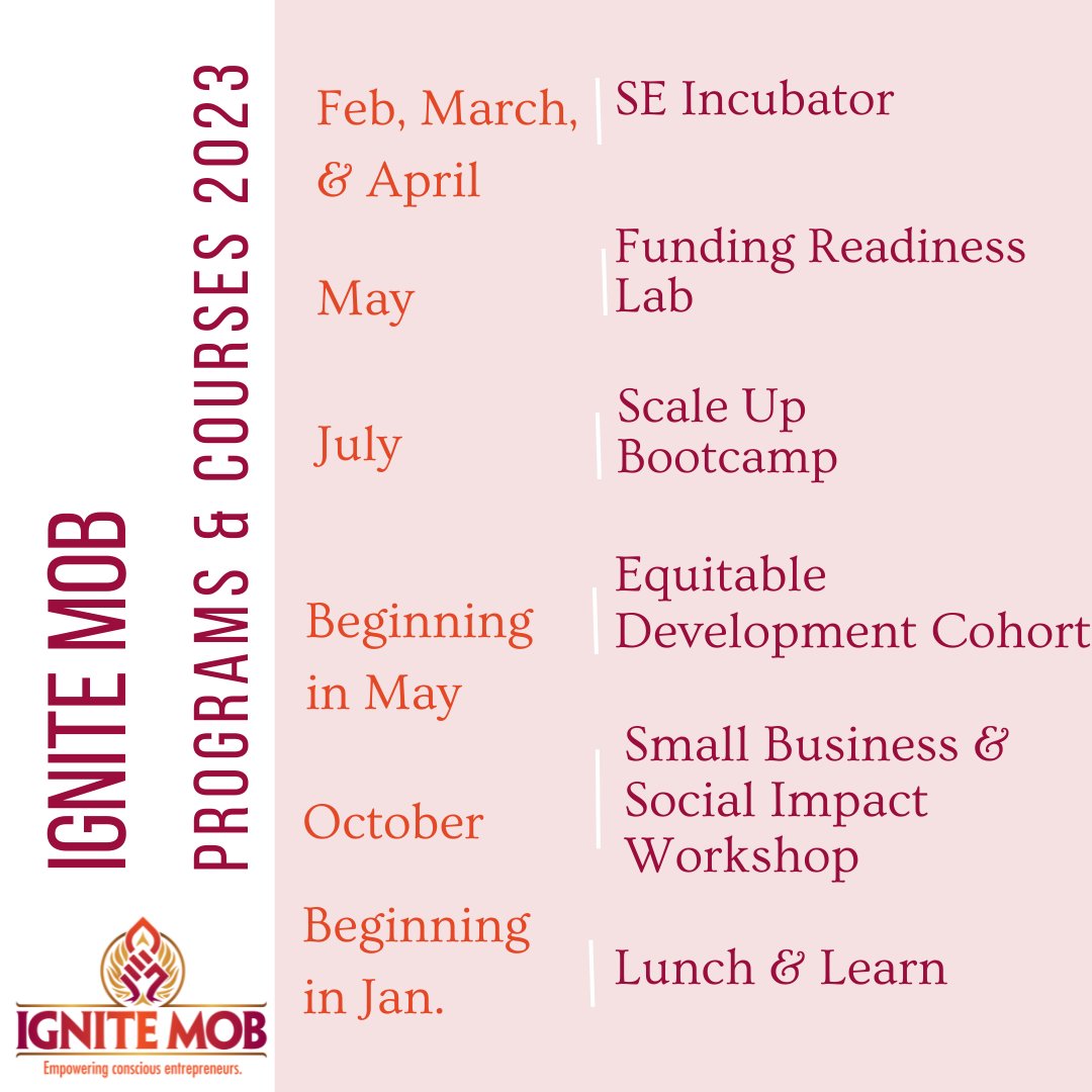 Become a part of the social entrepreneur community  by registering for one of our upcoming events.

We have a program for everyone in their SE journey - keep an eye on all socials for more information!

Email programs@ignitemob.org for any questions.

#socialenterprises