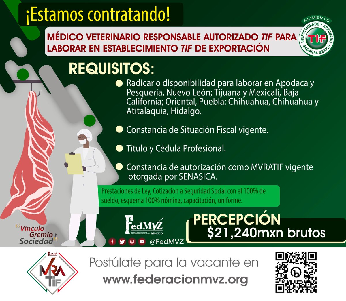 FedMVZ's tweet photo. ¡Estamos contratando!📣 #MVRATIF para laborar en Establecimientos TIF de Exportación en diferentes Estados de la República.
Sí estás interesado/a en la vacante y cumples con el perfil, puedes postularte en: https://t.co/VxAEIjxv2R https://t.co/8Mfjt7gIPV