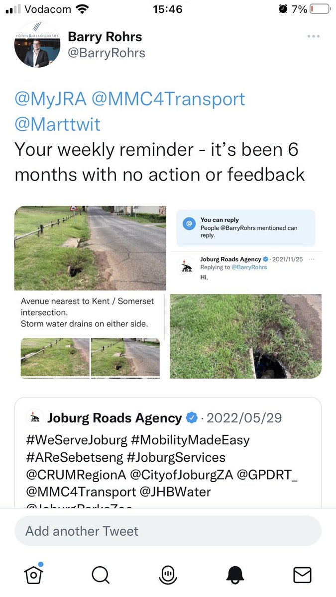 BarryRohrs's tweet photo. @CityofJoburgZA @MyJRA Sinkhole on Northumberland Avenue - reported to @MyJRA November 2021 … been “on the priority list” since June 2022.

@Marttwit 
@Bertha23206554
Please see what you can do before we have a serious accident. https://t.co/UtufpG4Sb2