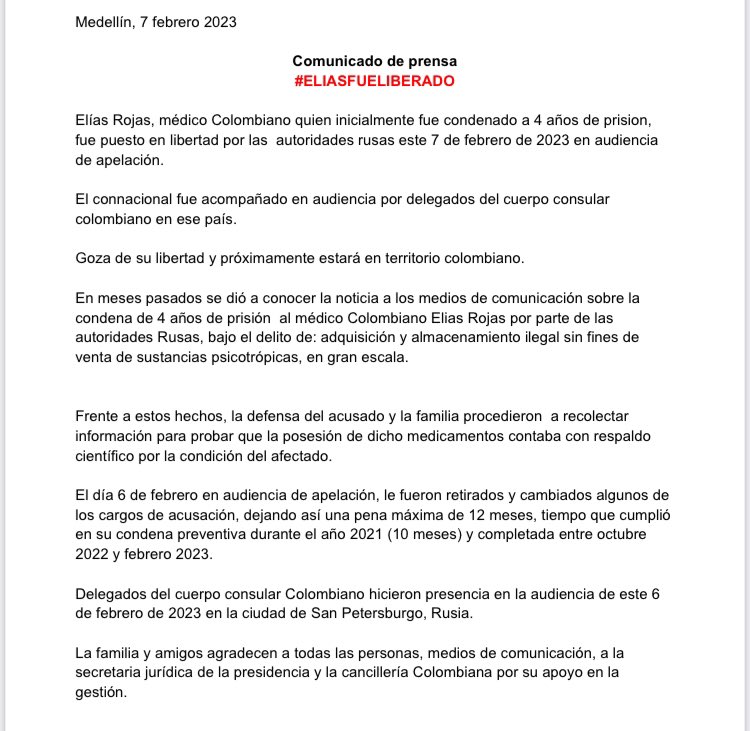 Aaroncol's tweet image. Eli fue liberado el día de hoy. Más detalles en el el comunicado de prensa.