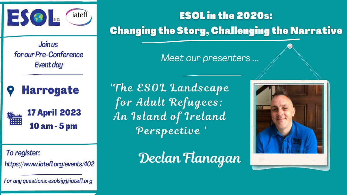 You are all invited to the IATEFL ESOLSIG Pre-Conference Event on 17th April 2023 in Harrogate. Our first presenter is @flanagandeclan6 . Join us for our first face-to-face event after 2019! #esolsig_pce2023 iatefl.org/events/402?fbc…