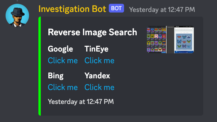 MobAlphaNFT's tweet photo. Twitter investigation Bot 🕵️

The Mobsters now have an added layer of protection 

Our two new bots are able to quickly scan for potential scam projects and Stolen art. 🫡

It's good being a Mob ♠️ https://t.co/rvCHdGFCSN