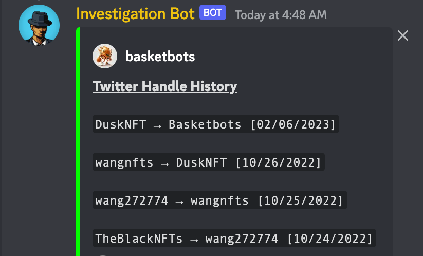 MobAlphaNFT's tweet photo. Twitter investigation Bot 🕵️

The Mobsters now have an added layer of protection 

Our two new bots are able to quickly scan for potential scam projects and Stolen art. 🫡

It's good being a Mob ♠️ https://t.co/rvCHdGFCSN