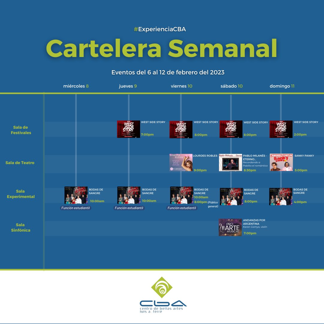 ¡Llega la cartelera semanal del Centro de Bellas Artes con una variedad de excelentes eventos para disfrutar!

Boletos en nuestra página web: cba.pr.gov
Más espacios disponibles en <a href="/ticketera/">ticketera</a> o <a href="/ticketcenterpr/">Ticket Center</a>  

¡Vive la #ExperienciaCBA!✨