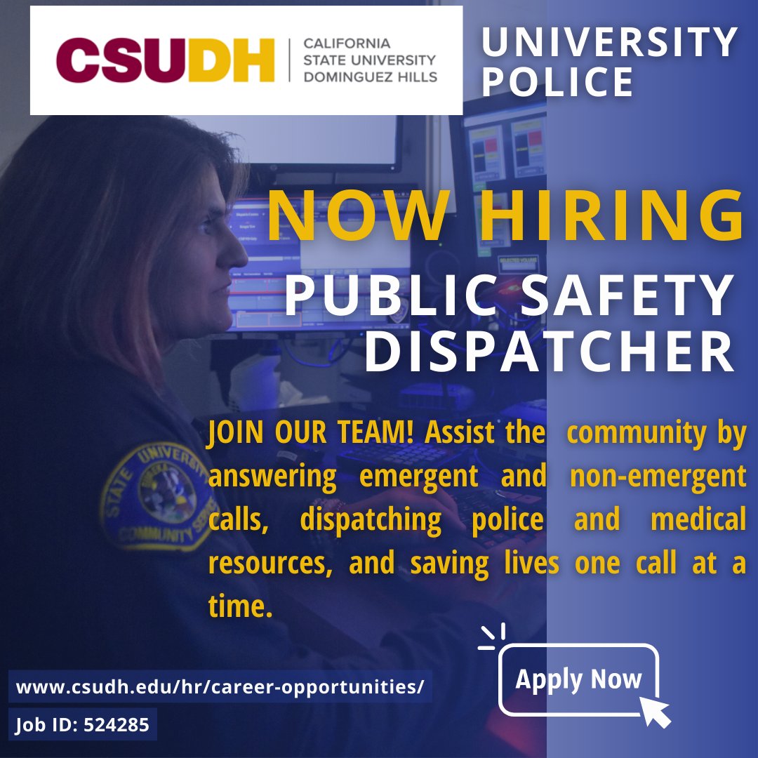 csudhpd's tweet image. The California State University Police Department is hiring for Public Safety Dispatcher!

Join our team and make a difference! please visit the campus career webpage : csudh.edu/hr/career-oppo…
