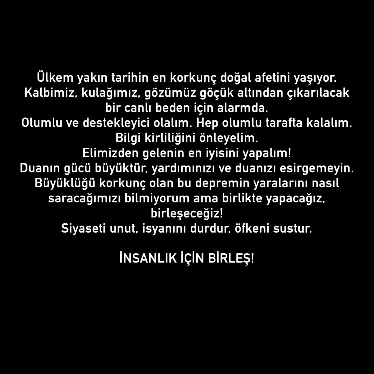 azizkiraz's tweet photo. Kahramanmaraş için
Gaziantep için
Adana için
Hatay için
Adıyaman için
Şanlıurfa için
Diyarbakır için
Mersin için

Acılarımızı birlikte sarmak için
Kardeşlik görevimizi yapmak için
Ülkemiz için
Canlarımız için 

İnsanlık için birleş Türkiye’m #insanlıkiçinbirleş https://t.co/AY98eTMiiE