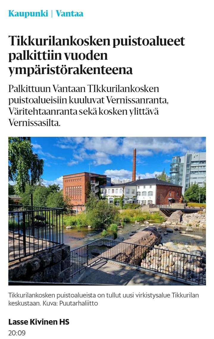 Tikkurilan puistoalueet on palkittu – ansaitusti! 
Padon purkamisesta, ja koko alueen kehittämisestä viihtyisämpään suuntaan, käytiin vuosien kamppailu. Nyt joenranta on luonnonmukaisempi, viihtyisämpi ja nousukalat ja simpukatkin voivat paremmin. Kaikki paremmin. #Tikkurila ❤️