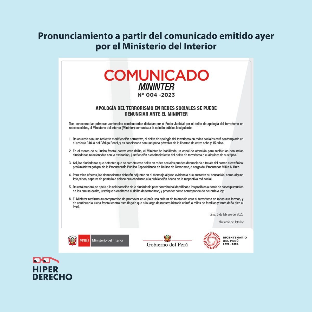 Expresamos nuestra preocupación por el incremento de la persecución penal y el agravamiento de penas a discursos basados únicamente en haber sido realizados por redes sociales (1/8)