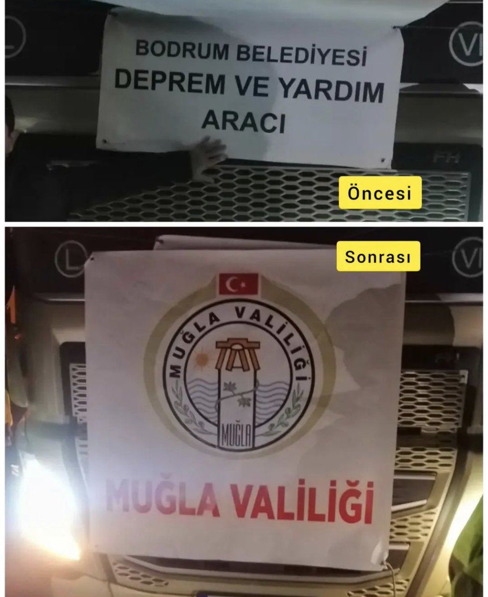 avtugaybek's tweet photo. Yardım alamayan depremzede vatandaşlar "Nerde devlet" diye soruyor.
Aranan devlet Muğla'da ortaya çıktı.
Muğla Valiliği, Bodrum Belediyesi’nin deprem bölgesine gönderdiği yardım aracının hareketine, önüne 'Muğla Valiliği' pankartı asılması şartı ile izin verdi. https://t.co/aZoWtnI9Nz
