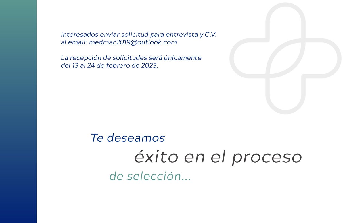 🔔 Vacante

PROFESIONAL DE VENTAS, para el Sector Salud, Equipamiento Médico

Interesados enviar solicitud para entrevista y C.V.
al email: medmac2019@outlook.com

Tienes hasta el 24 de febrero de 2023.

#vacante #ventasprofesionales #ventas #equipomédico #cdmx #mobiliariomédico