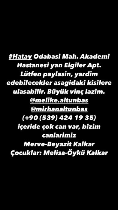 HATAY  // ACİL VİNÇ LAZIM BÜYÜK VİNÇ  

Odabaşı Mah. Akademi Hastanesi yanı Elgiler apt   (arkadasımın yakını- teyitli bilgi)