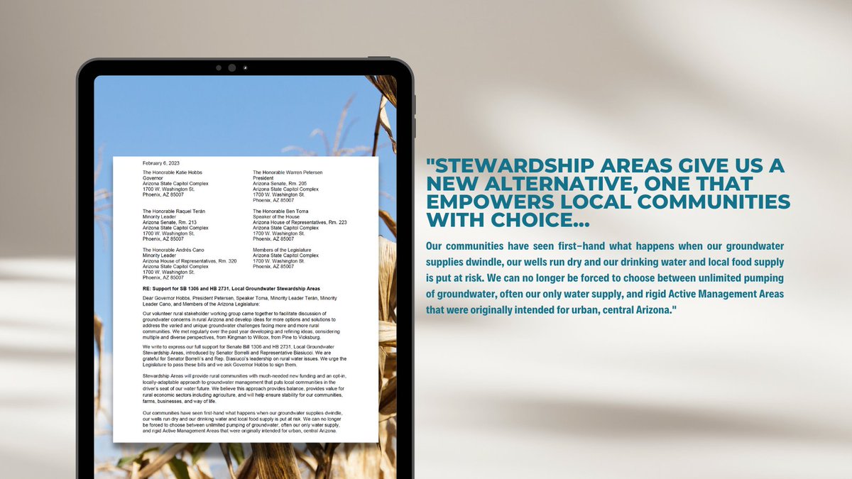 NEW from volunteer rural stakeholder working group in support of SB1306 & HB2731, LGSAs introduced by @SonnyBorrelli & @Leo4AzHouse👏🏽We applaud their leadership on rural water issues & urge #azleg to pass these bills & we ask @GovernorHobbs to🖊️them! 📨👉🏽bit.ly/3YtF1Y4