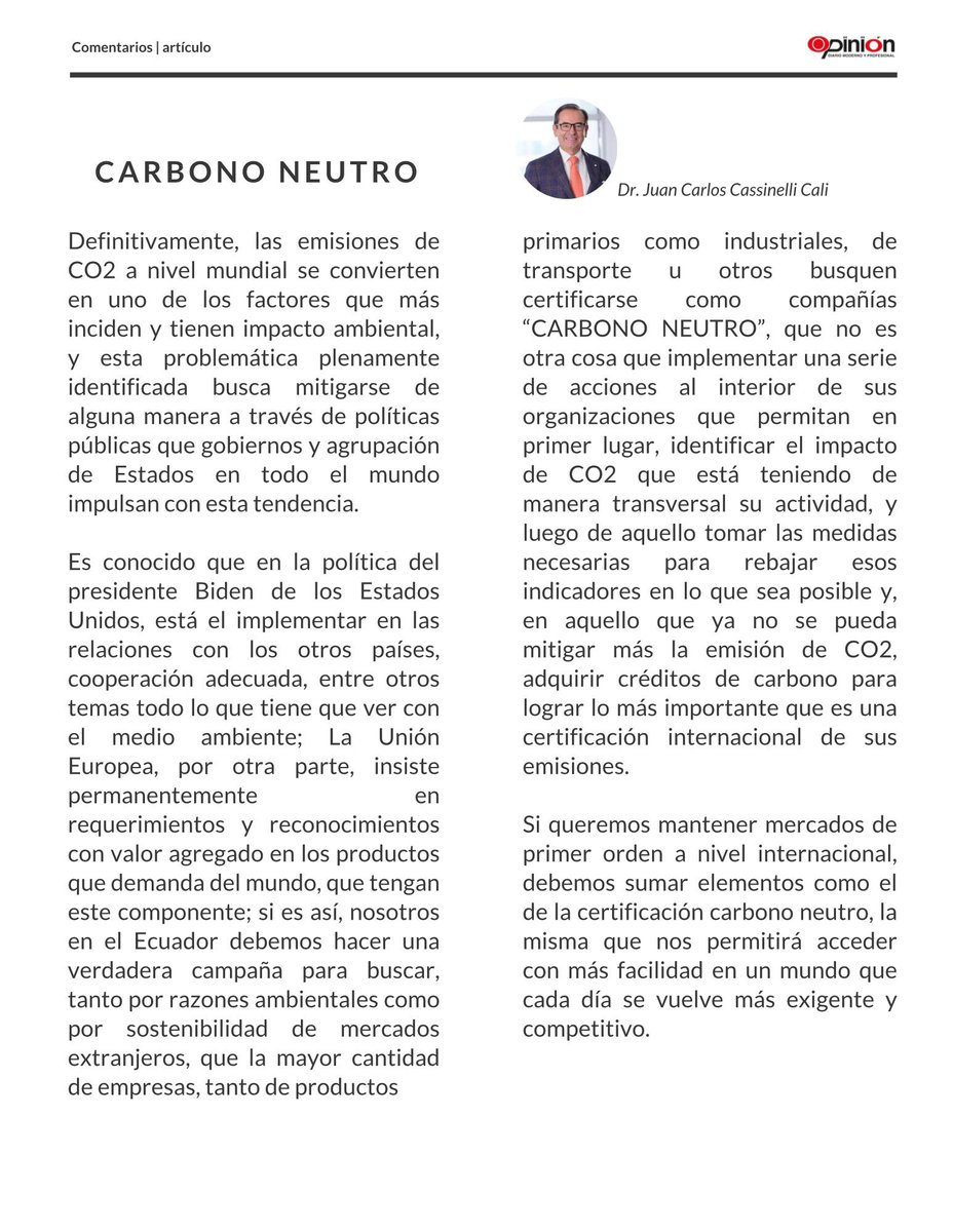 JCCassinelli's tweet photo. 🗞️Los invito a leer mi artículo “Carbono Neutro”♻️ sobre las certificaciones que debemos obtener como proveedores internacionales🌎 @natureza_ec 

📰Publicado en @diarioopinion @ultimahoraEC @elmercuriomanta https://t.co/5zDy19u3ek