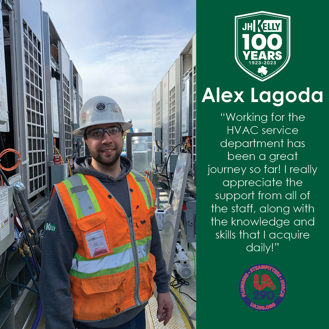 On #TradeTuesdays, we take a few moments to celebrate the backbone of JH Kelly and focus the spotlight on one of our outstanding craft.  We are kicking off the series with Alex Lagoda! Alex is a 10th term HVAC Service Tech Apprentice from Local 290. # TeamGreen #JHK  #Local290🍀