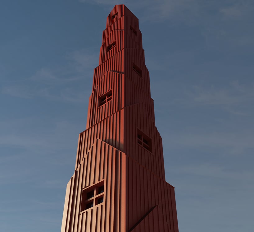 designboom's tweet photo. ulf mejergren stacks red kiosk cottages to shape wooden sculptural tower in sweden    https://t.co/1txxxeZsCp https://t.co/5wtWa9IXzz