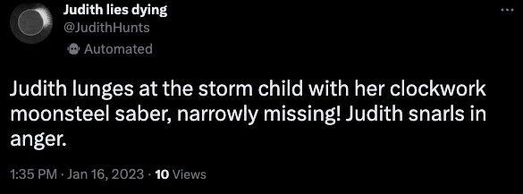 AYolland's tweet image. 1/
This is a long thread about my fav Twitter bot I made, @JudithHunts 

About 4 yrs ago, I started making a bot that generated microfictions set in a fantasy world that was basically "what if Rachel Weisz' character from The Favorite was in Castlevania."