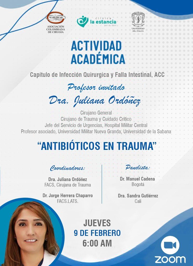 AsColCirugía (@ascolcirugia) on Twitter photo Iniciamos un nuevo ciclo con el Capítulo de infecciones . Compartimos el cronograma de actividades.Los invitamos este jueves 9 feb 2023 6:00am 🇨🇴Link⬇️
us02web.zoom.us/j/81067616103?…
Código de acceso:549169 <a href="/OscarGuevaraHPB/">Oscar Guevara</a> <a href="/julianita206/">Juliana Maria Ordoñez MD FACS MACC MSPT</a> <a href="/Me4Trauma/">SoMe4Trauma</a> #SoMe4Surgery <a href="/me4_so/">SoMe4Surgery</a> <a href="/revcolcirugia/">Revista Colombiana de Cirugia</a> Iniciamos un nuevo ciclo con el Capítulo de infecciones . Compartimos el cronograma de actividades.Los invitamos este jueves 9 feb 2023 6:00am 🇨🇴Link⬇️
us02web.zoom.us/j/81067616103?…
Código de acceso:549169 <a href="/OscarGuevaraHPB/">Oscar Guevara</a> <a href="/julianita206/">Juliana Maria Ordoñez MD FACS MACC MSPT</a> <a href="/Me4Trauma/">SoMe4Trauma</a> #SoMe4Surgery <a href="/me4_so/">SoMe4Surgery</a> <a href="/revcolcirugia/">Revista Colombiana de Cirugia</a>