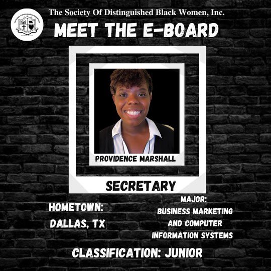 We are pleased to announce our Newly Elected The Society Of Distinguished Black Women, Inc. Executive Board for the Spring 2023 Academic School Semester 🦋🖤

Congratulations <a href="/pmarshall181/">pmarshall💜</a>  Spr 22: 7 S.O.L.A.R Essence on being elected as the SECRETARY. “ Make Us Proud🦋”
