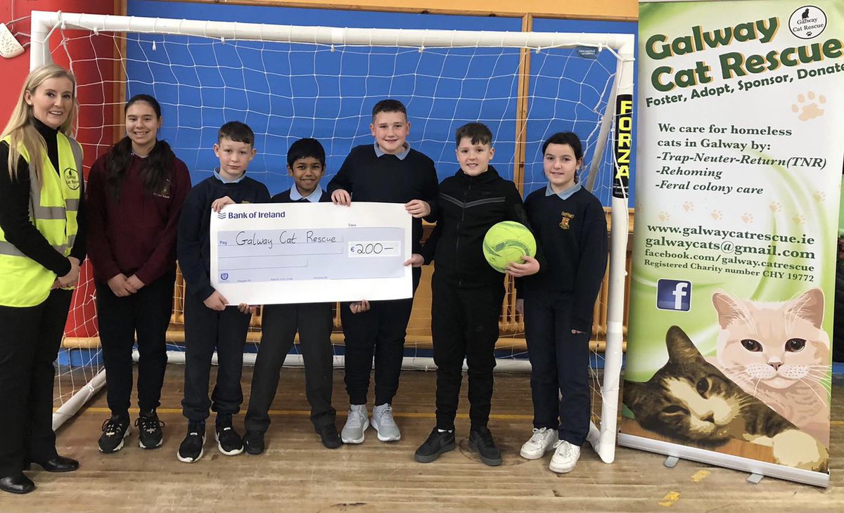 StPatsGalway's tweet photo. Our World Cup indoor soccer tournament raised €200 for Galway Cat Rescue! Olivia from GCR came to visit us last week and gave a wonderful presentation about the work they do. Our World Cup winners Belgium then presented Olivia with the cheque ⚽️ https://t.co/0WtCYXITJW