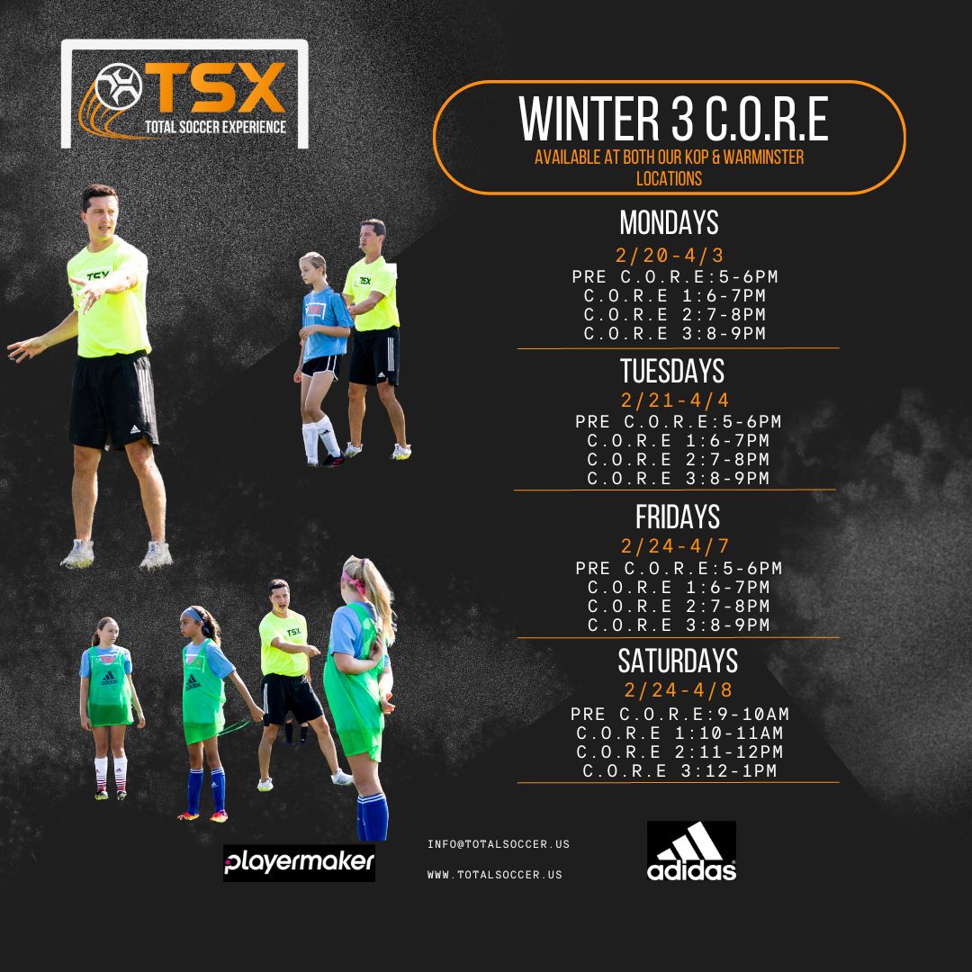 Totalsoccer's tweet photo. Winter 3 C.O.R.E registration is now open!  Programs are available for ages 7-14+. Visit our website or click on the "Upcoming Sessions" tab in our Instagram bio to secure your spot. https://t.co/NKlIVbWLrJ