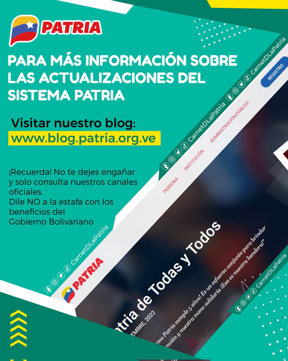 #ATENCIÓN Estimados usuari@s. Para más información sobre las actualizaciones del #SistemaPatria, visita nuestro Blog: blog.patria.org.ve Consulta nuestros canales oficiales. ¡Dile NO a la estafa con los beneficios del Gobierno Bolivariano! #VenezuelaMonumental #7Feb