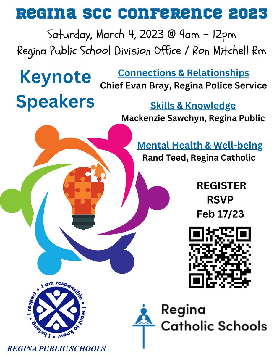 Regina SCC Conference 2023!
Please join Regina Public &amp; Catholic <a href="/RCSD_No81/">YQR Catholic Schools</a>   School Divisions on March 4th for the Regina SCC Conference 2023. We will be collaborating on how to best support Regina's students on their educational journey. Register: tinyurl.com/SCC-Conference…