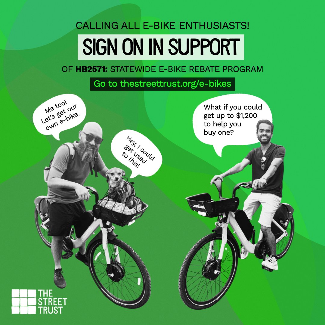 [TIME-SENSITIVE] Tomorrow, there's a hearing on HB2571, which would grant rebates up to $1,200 for a non-cargo e-bike or up to $1,700 for a cargo e-bike.

Tell lawmakers “Oregonians need an e-bike rebate program!” by signing on in support with us.

Go! thestreettrust.org/e-bikes