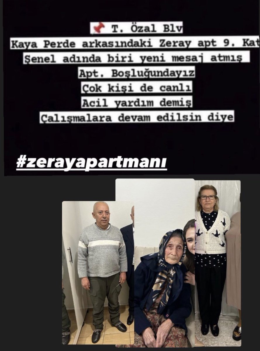 Teyit edilmiş bilgi Yurt mah Zeray apt 9. Kat Şenel adında birisi mesaj atmış enkaz altından. Yaşıyorlar. YAŞIYORLAR❗️❗️❗️ ZERAY apartmanı kurtarılmayı bekliyor❗️❗️ <a href="/ahbap/">Ahbap</a> @Ahbap_Adana <a href="/haluklevent/">Haluk Levent ( Ahbap Ekibi )</a> <a href="/ZeydanKaralar01/">Zeydan Karalar</a> <a href="/OguzhanUgur/">Oğuzhan Uğur</a> <a href="/ProfDemirtas/">Özgür Demirtaş</a> <a href="/AFADBaskanlik/">AFAD</a> <a href="/DepremDairesi/">AFAD Deprem</a>