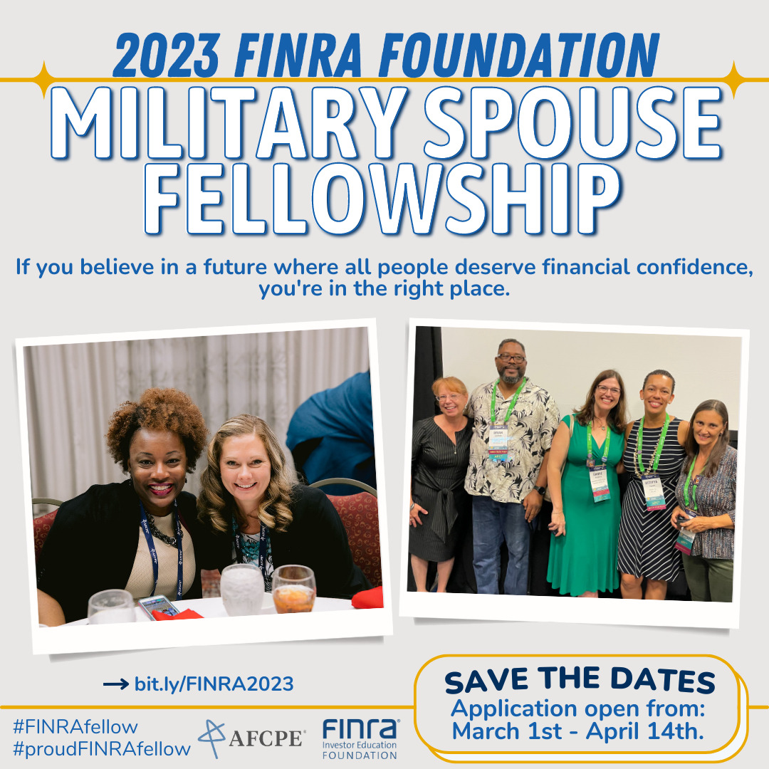 Get excited! On March 1st, applications finally open for the 2023 Military Spouse Fellowship ⭐️

Help us spread the word! Share now, or join the Interest List now to learn more and stay in the #FINRAFellow loop 👏
