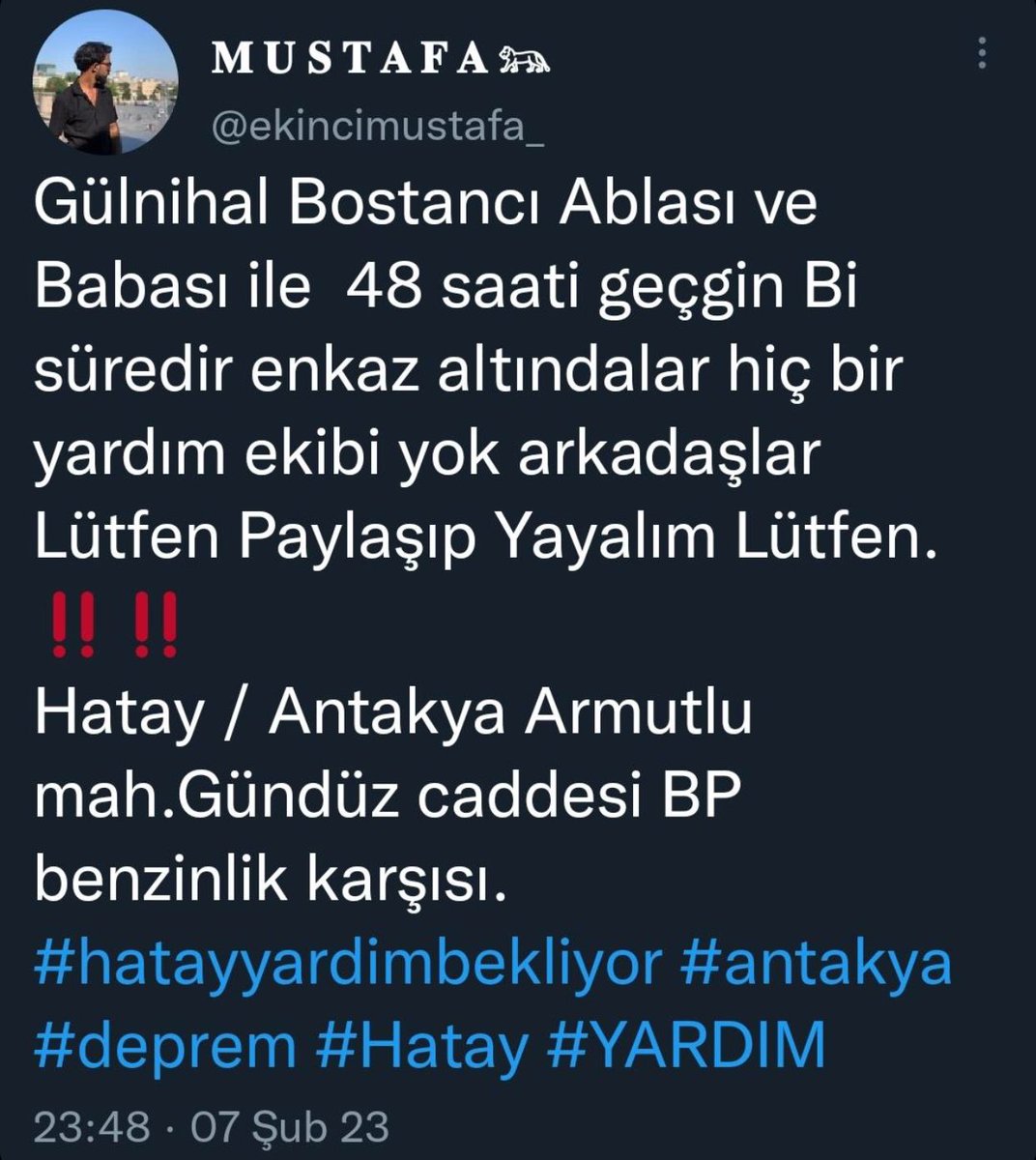 brcu_06_'s tweet photo. ARKADAŞLAR LÜTFEN YAYALIM ARKADAŞIMIZ HATAY ANTAKYA ARMUTLUDA 2 GÜNDÜR ENKAZ ALTINDALAR BİR ALLAHIN KULU GİTMEMİŞ 3 KİŞİLER LÜTFEN DESTEK OLUN …. @AFADBaskanlik #antakyahatay #hatayyardimbekliyor #DEPREMİN #TümTürkiye #Bulundu https://t.co/AUjmpHSR90