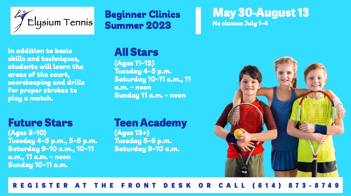 Summer sign-ups are underway for #Beginner Clinics! #Kids can join our Future Stars, All Stars and Teen Academy programs, where they will learn proper techniques for this lifelong sport in a fun and supportive environment. Call to register today at 614-873-8749! #youthtennis