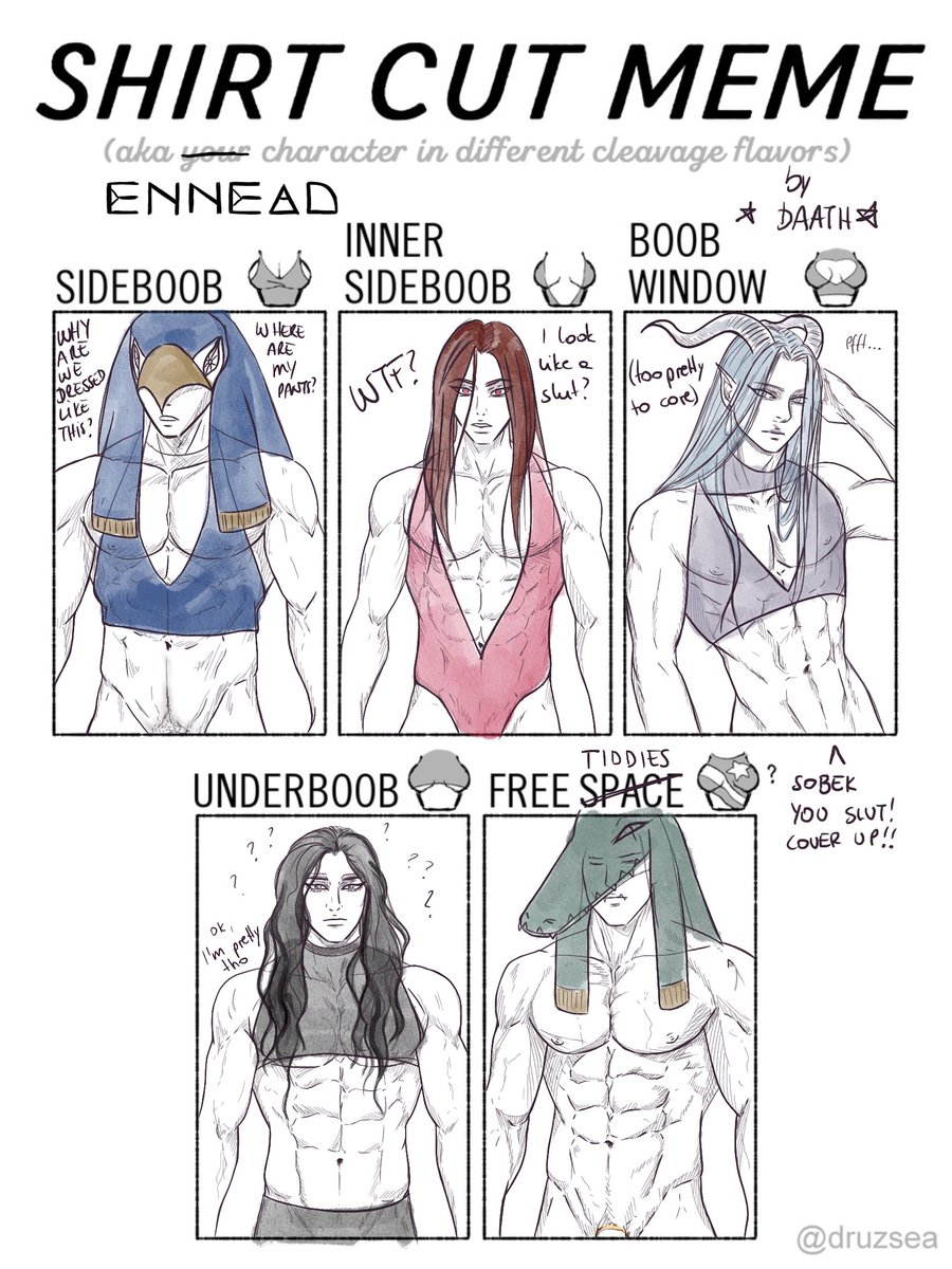 And I'm done! Lots of tiddies!
Horus, Seth, Khnum, Anubis and daddy Sobek! 

Which one would you like to see fully coloured? 
Also, should I do the fem version as well? If yes, lemme know who I should draw! 

#엔네아드 #Ennead #shirtcutmeme