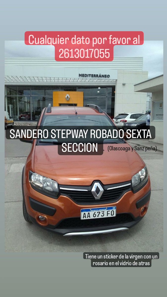 AUTO ROBADO SANDERO STEPWAY
POR FAVOR DIFUNDIR ! OLASCOAGA Y ROQUE SANZ PEÑA DE LA 6TA.
