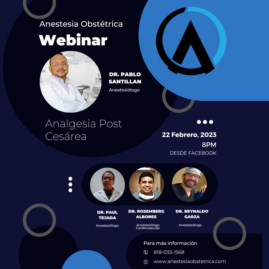 Anestesiaobsmx's tweet image. Los invitamos este próximo 22 de febrero en punto de las 8pm a que nos acompañen en un webinar a travez de Facebook donde abordaremos el tema de Analgesia Post Cesárea con el Dr. Pablo Santillan y el Dr. Paul Tejada.
#savethedate #anestesia #anestesiaobstetrica #obstetrica