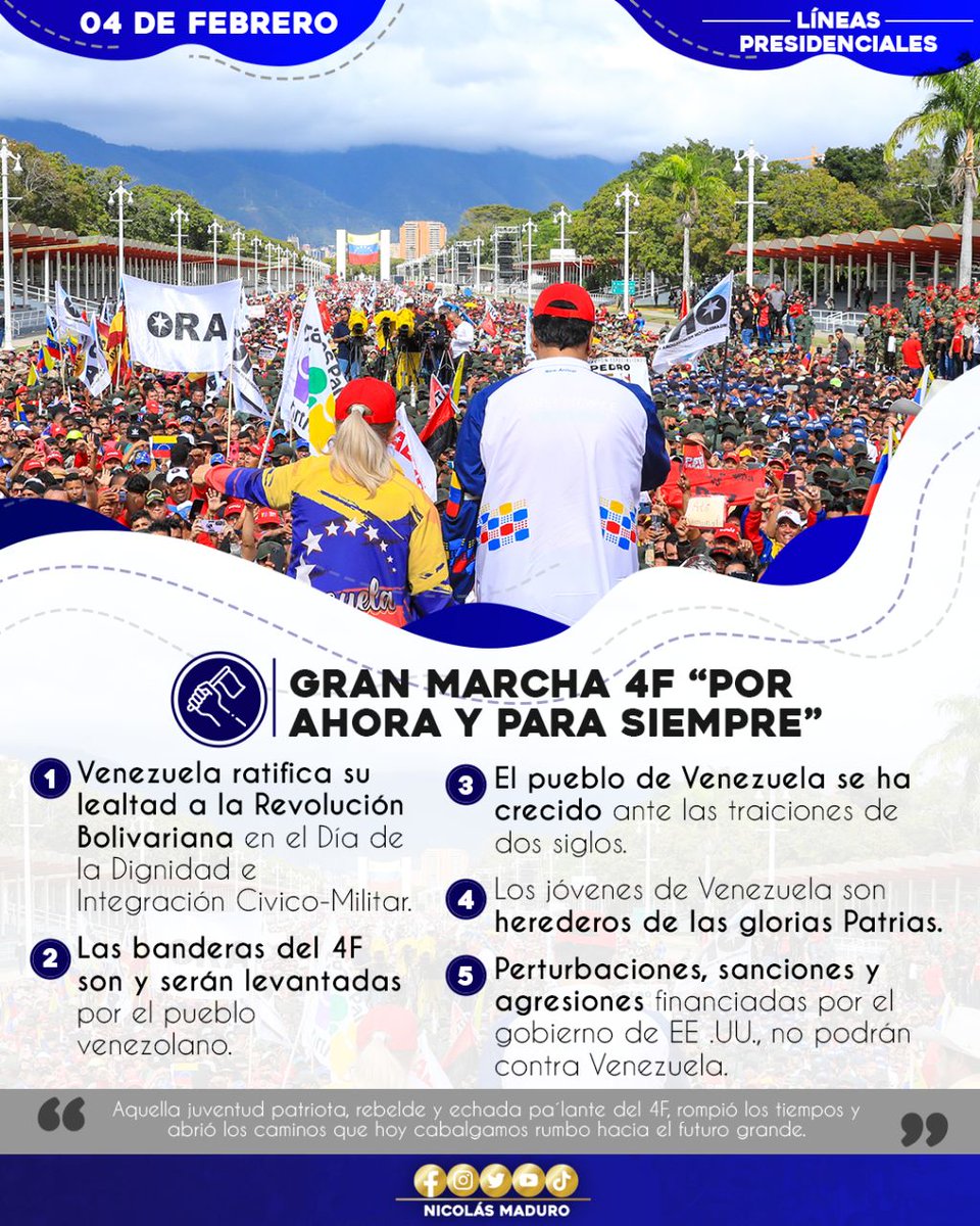 #Entérate || Compartimos las #LíneasPresidenciales 🔴📢🇻🇪 en el marco de la Gran Marcha 4F 'Por Ahora y para Siempre', en cual participó el Pdte. @NicolasMaduro #SomosPasiónBéisbol #VenezuelaMonumental @NicolasMaduro @NestorLReverol