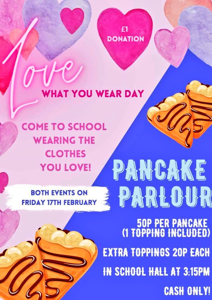 Countdown is on for our LOVE what you wear day and pancake parlour!

Friday 17th Feb 2023 at 3:15pm School Hall (Cash only event)

#Lovewhatyouwear
#pancakes #pancakeparlour #TewkesburyPrimary #TewkPri #TewkesburyCofEPrimary #Tewkesbury #Gloucestershire #cotswolds #school #ptfa
