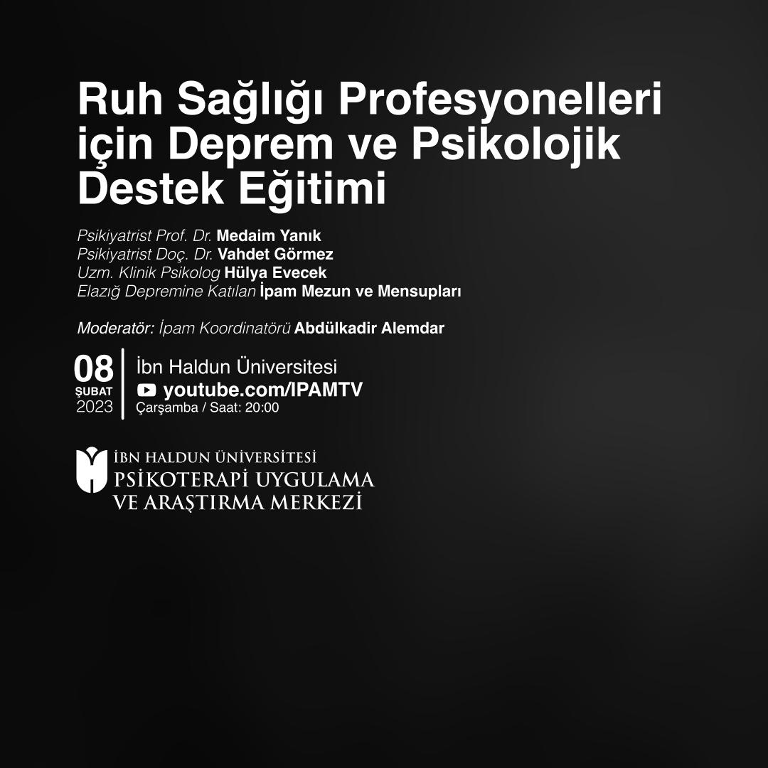 Sahada gönüllü ruh sağlığı hizmeti sunmak isteyen profesyonellere yönelik bir canlı eğitim hazırladık. Hocalarımız ve Elazığ depreminde sahada olan mensuplarımızla deprem ve psikolojik destek üzerine konuşup deneyim paylaşımlarında bulunacağız. YouTube.com/IpamTv