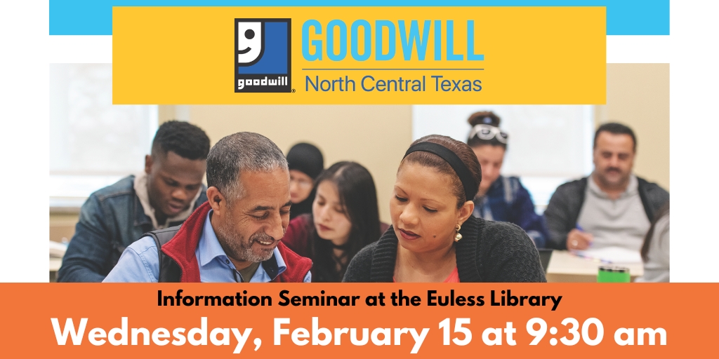 EulessLibrary's tweet image. *NEW DATE*

If you or someone you know is interested in or has questions about Adult GED Programs, head to the library on Wednesday, February 15th at 9:30AM for an informational seminar from @GoodwillNCT! We hope to see you there! 

#GEDClass #EulessTX #EulessLibrary
