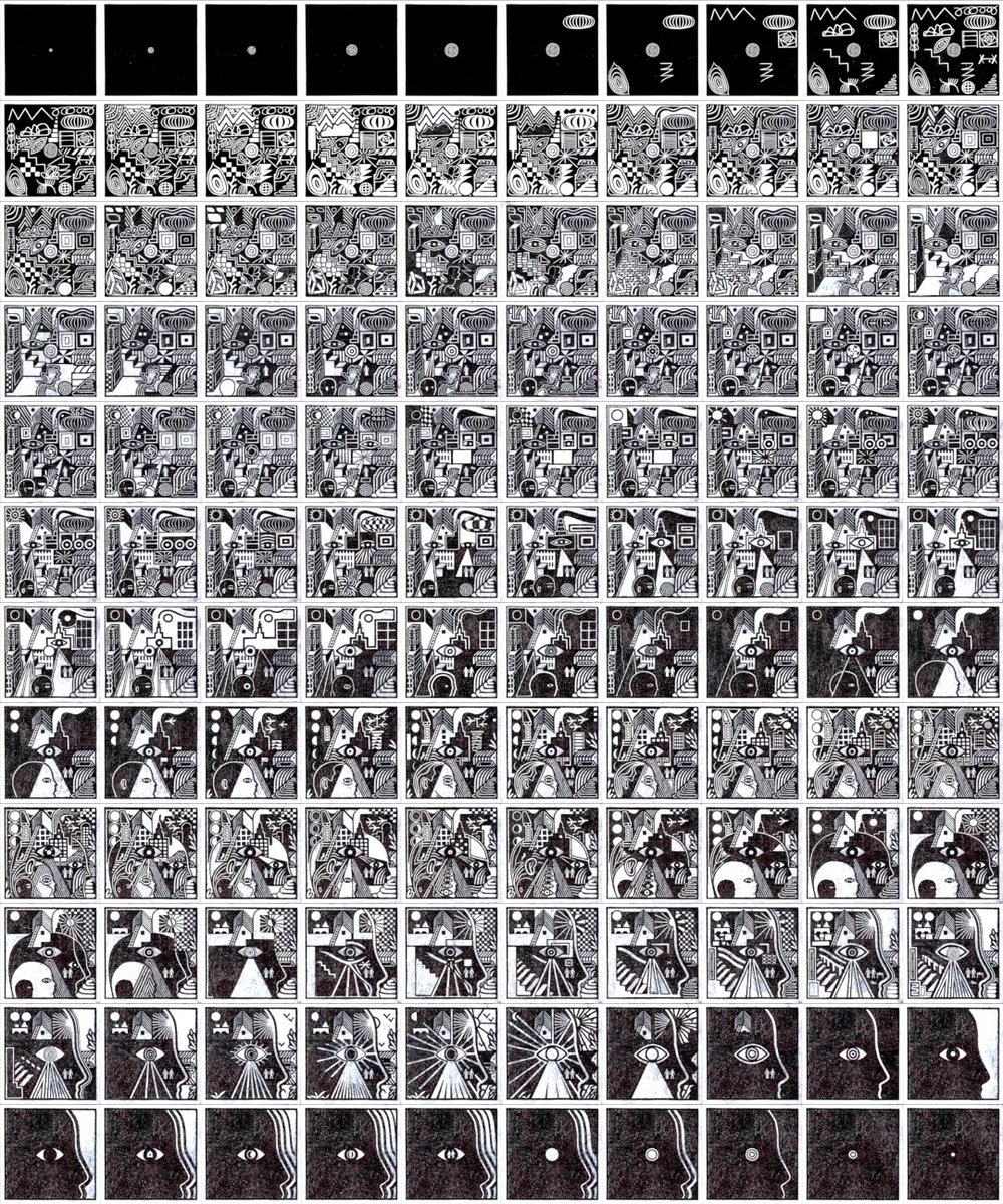 New Life is 120 frames at 24 frames per second. I scanned and reworked the same image over and over again with ink and white-out to create the loop. Made physically, but only preserved digitally. 

No storyboards, no edits, no going backwards. Just pure straight-ahead animation.