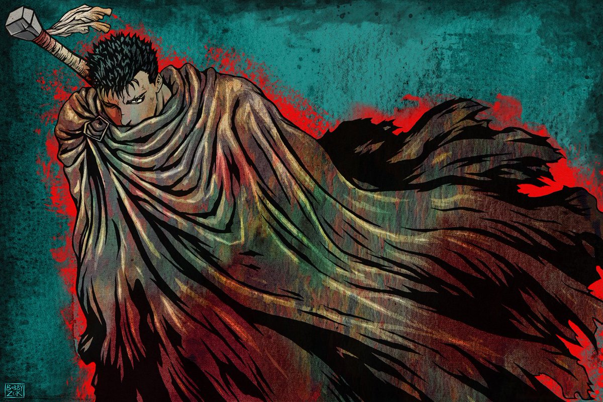 BobbyZeikArt's tweet photo. "The Black Swordsman" (Blue version). I redrew the original #illustration by #KentaroMiura, swapping out his hatching &amp; cross-hatching for a #stenciled look. A mix of #traditionalart &amp; #digitalart.#berserk #berserkmanga #guts #gattsu #art #drawing #manga #anime #swordoftheberserk https://t.co/AskcuYJOCB