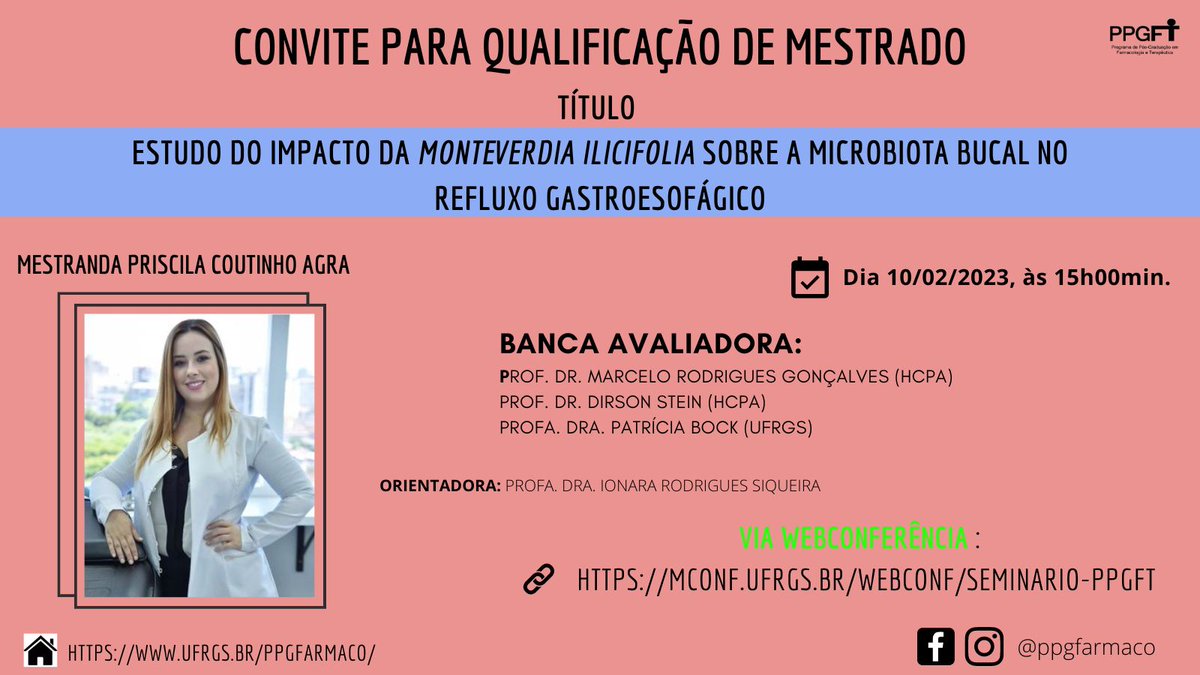 ppgfarmaco's tweet photo. Finalizando nossa maratona do PPGFT, convidamos a todos para a qualificação da Priscila as 15h, via online! Não percam. @priscilaagra @ppgneuro_ufrgs @ppgfarmaco @ppgfisio_ufrgs @ppgbioq https://t.co/H3WzvYwXkW