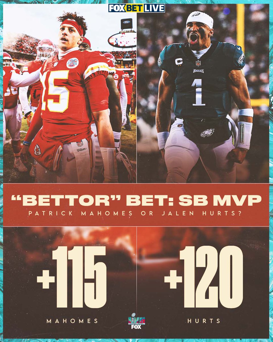 BearBetsPod's tweet image. If you HAD to bet on one of the two QBs to win #SuperBowlLVII MVP... who would it be? 🤔

🔁 for Mahomes
❤️ for Hurts

Complete odds ➡️ @FOXBet // @NFLonFOX