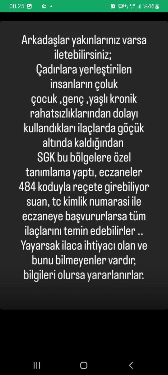 PAYLAŞALIM!
SGK 408 KODUYLA ECZANELERE ÜCRETSİZ ILAC TANIMLAMASI YAPTI. DEPREM BÖLGESİNDEKI YAKINLARINIZA ILETEBILIRSINIZ 📢
<a href="/ahbap/">Ahbap</a> #deprem #seferberlik #sondakikadeprem #Turkiye #AdıyamanYardımBekliyor #hatay #antakya #maraş #osmaniye #adıyaman #adıyamandeprem