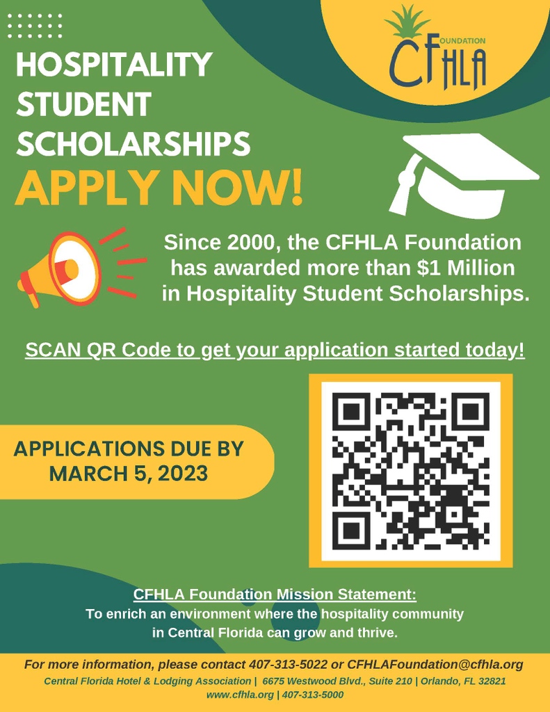 rosencollege's tweet photo. It's time to apply for the CFHLA Foundation scholarships for full-time students π©π»βπpursuing a degree in a Central Florida Hospitality programs. The deadline is March 5, 2023.
Scan the QR code or use this link: https://t.co/2hMO4VedXN
#scholarships #moneyforeducation https://t.co/gvMjAxdJGl